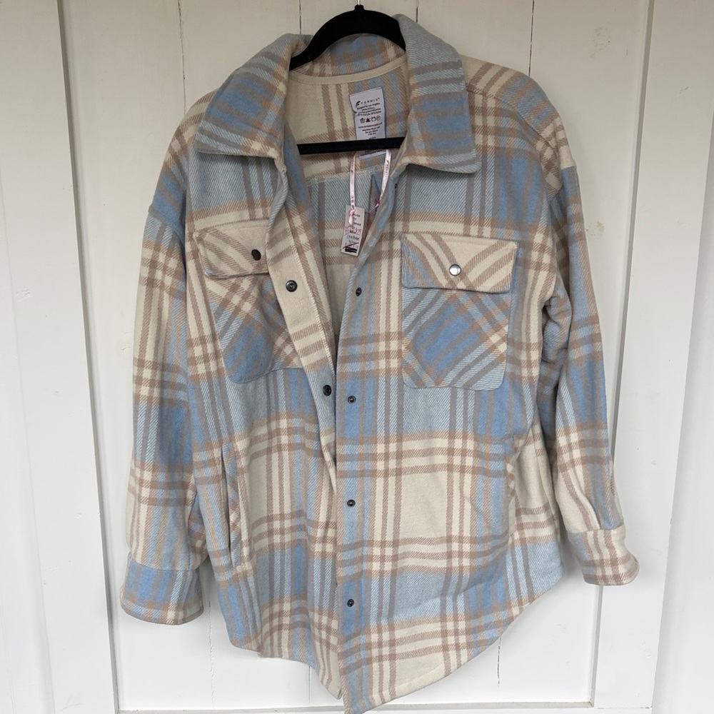 Plaid Button-Up Jacket / Shacket in Blue and Tan